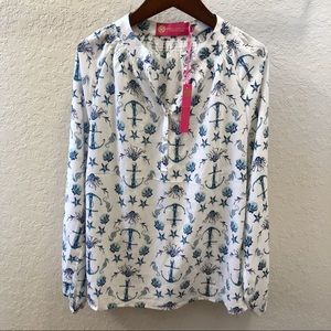 Beachy summer top, flowy lightweight, ocean print